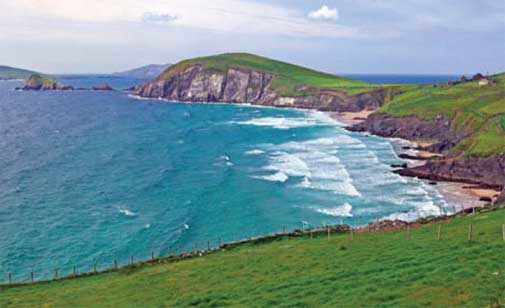 Ireland’s Dingle Peninsula displays a palette of greens softened by wild ocean spray.